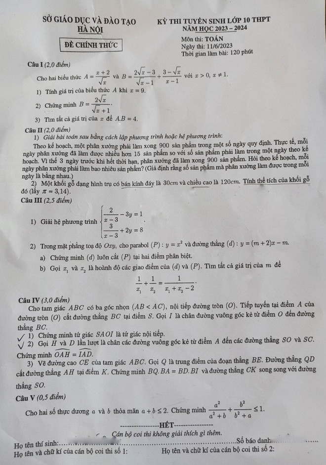 Đề thi chính thức môn Toán kỳ thi tuyển sinh vào lớp 10 của Hà Nội ảnh 2