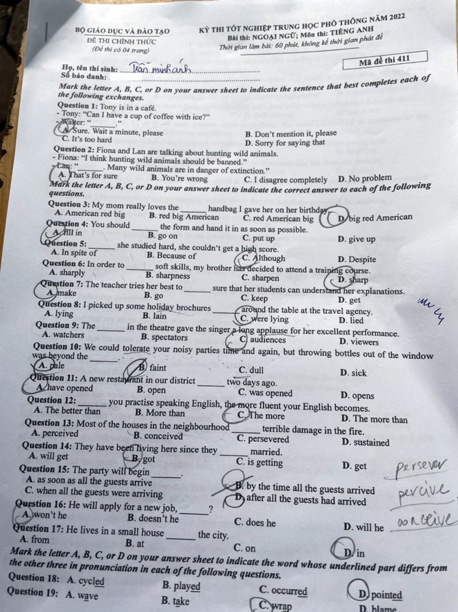 Đề thi chính thức môn Ngoại ngữ Kỳ thi tốt nghiệp THPT 2022 ảnh 1