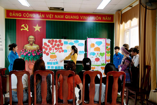 Cán bộ dự án chia sẻ với các em học sinh về bình đẳng giới. (Ảnh: PV) Bình đẳng giới dưới góc nhìn của thanh thiếu niên dân tộc thiểu số ảnh 1