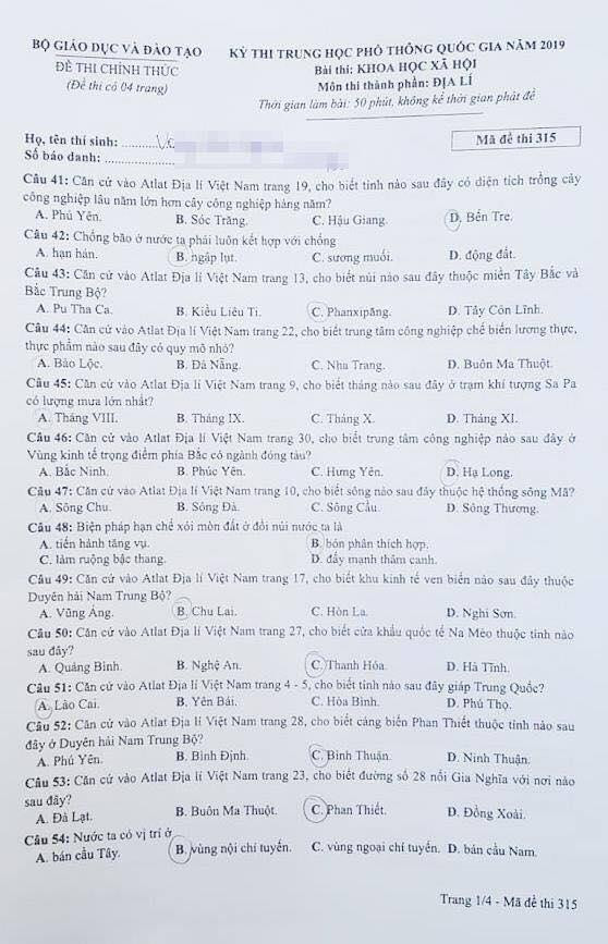 Thi THPT quốc gia: Gợi ý đáp án đề thi môn Địa lý ảnh 2