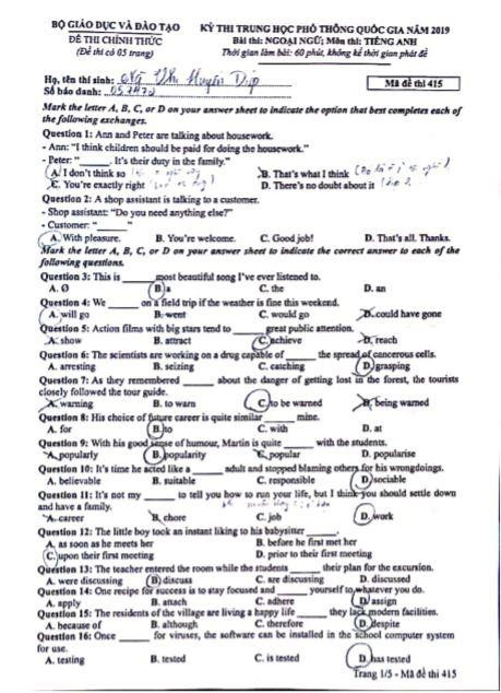 Gợi ý đáp án đề thi môn Tiếng Anh kỳ thi THPT quốc gia 2019 ảnh 2
