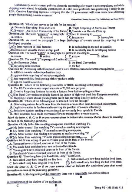 Gợi ý đáp án đề thi môn Tiếng Anh kỳ thi THPT quốc gia 2019 ảnh 5