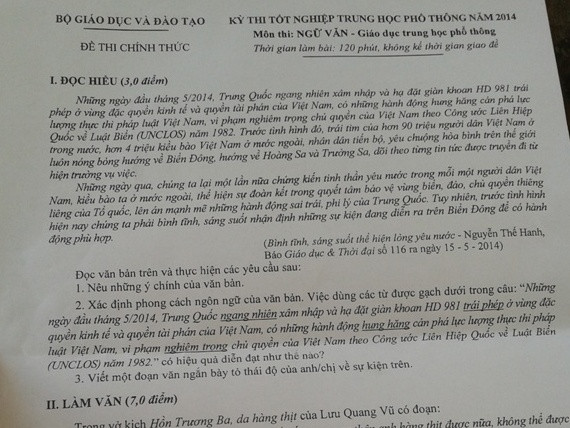 "Nóng" vấn đề chủ quyền biển đảo trong đề thi tốt nghiệp môn Văn ảnh 1