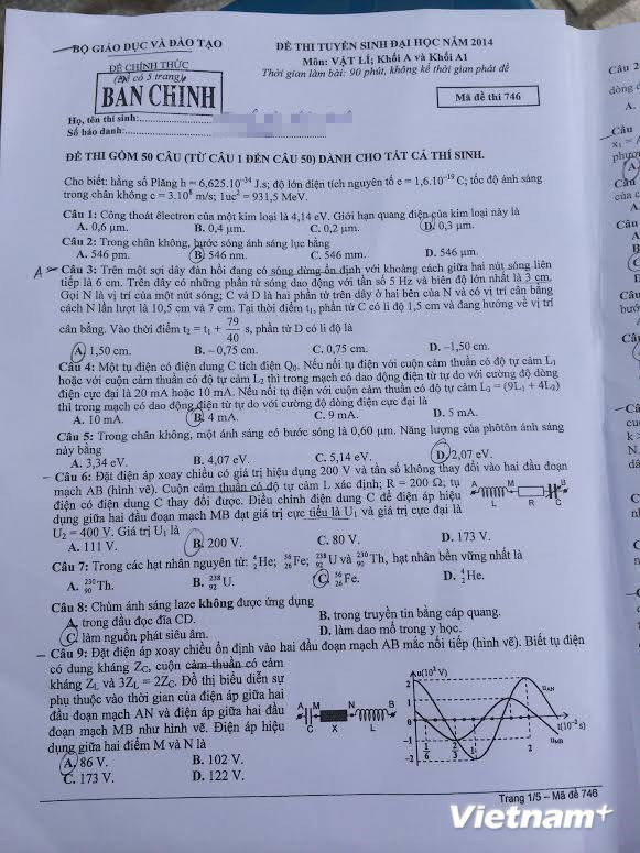 Đề thi tuyển sinh đại học năm 2014 môn Vật lý, khối A-A1 ảnh 2