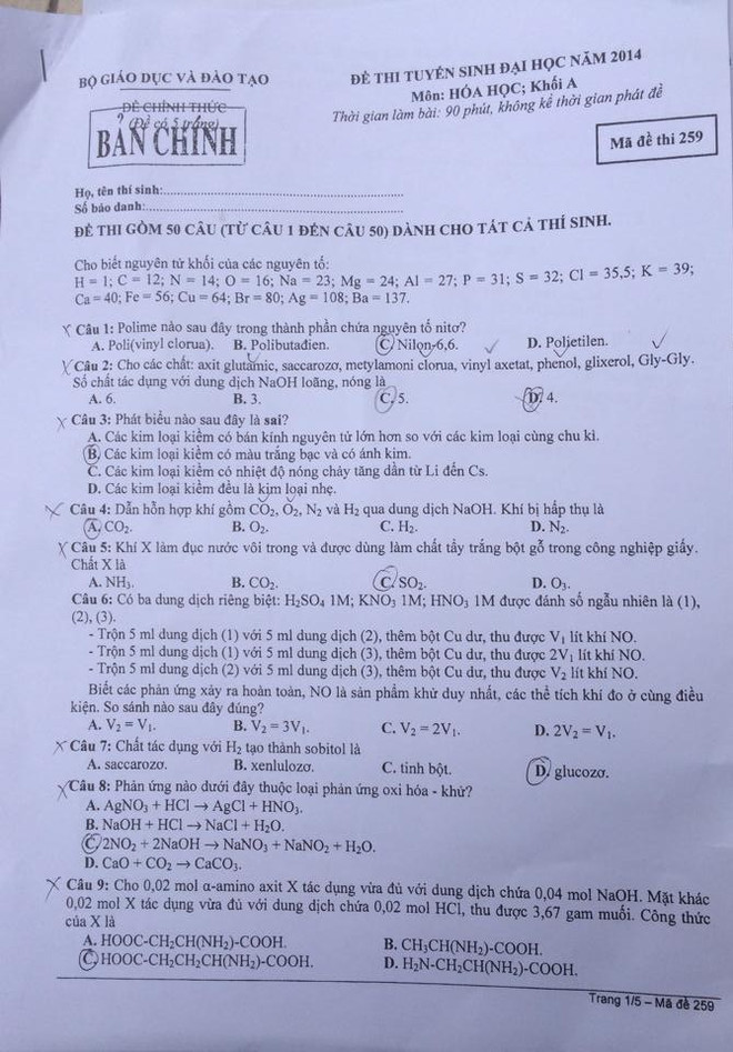 Đề thi môn Hóa học khối A kỳ thi tuyển sinh đại học năm 2014 ảnh 1