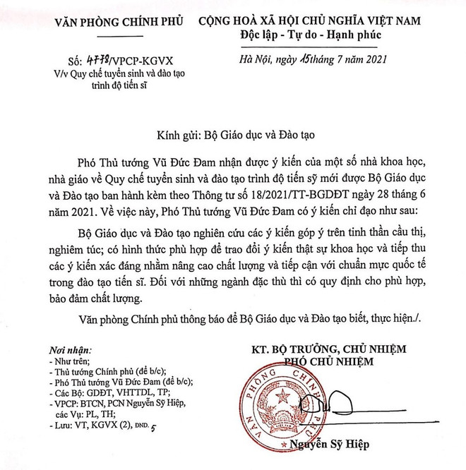 Văn bản của Văn phòng Chính phủ. Phó Thủ tướng Vũ Đức Đam chỉ đạo Bộ GD&ĐT về việc đào tạo tiến sỹ ảnh 2