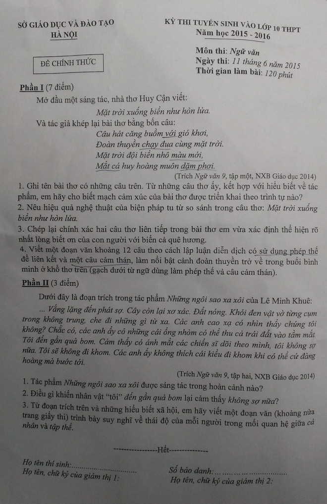 Đề thi môn Ngữ văn kỳ thi tuyển sinh vào lớp 10 của Hà Nội ảnh 1