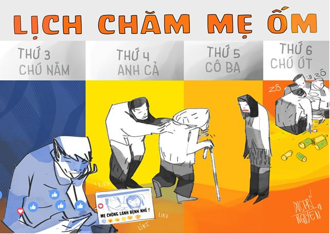 Tác phẩm "Lịch chăm mẹ ốm" của họa sỹ Nguyễn Đức Trí được trao giải khuyến khích. (Ảnh: BTC) Giải Biếm họa báo chí Việt Nam: ‘Nóng’ chuyện ứng xử trên mạng xã hội ảnh 3