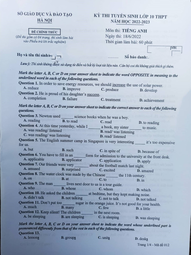 Hà Nội: Đề thi chính thức môn Ngoại ngữ kỳ thi tuyển sinh vào lớp 10 ảnh 2