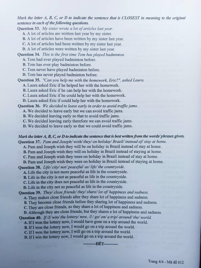 Hà Nội: Đề thi chính thức môn Ngoại ngữ kỳ thi tuyển sinh vào lớp 10 ảnh 5