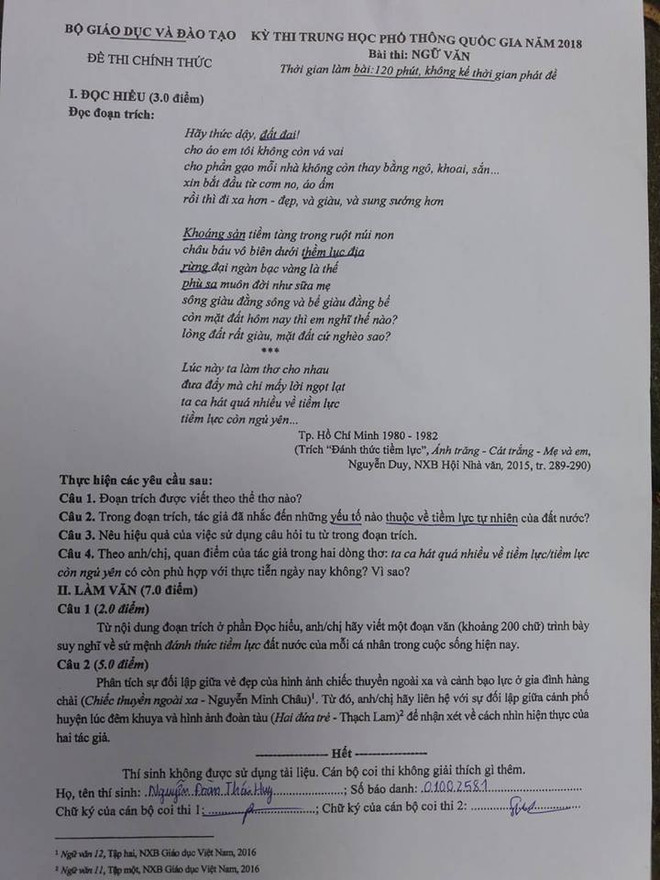 Đề thi chính thức môn Ngữ văn Kỳ thi trung học phổ thông quốc gia ảnh 1