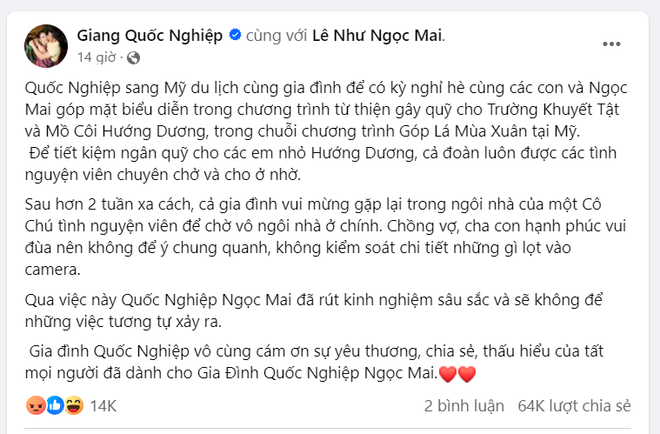 Nghệ sỹ Quốc Nghiệp giải thích trên Facebook cá nhân. (Ảnh chụp màn hình) Screenshot 2024-05-28 145012.png