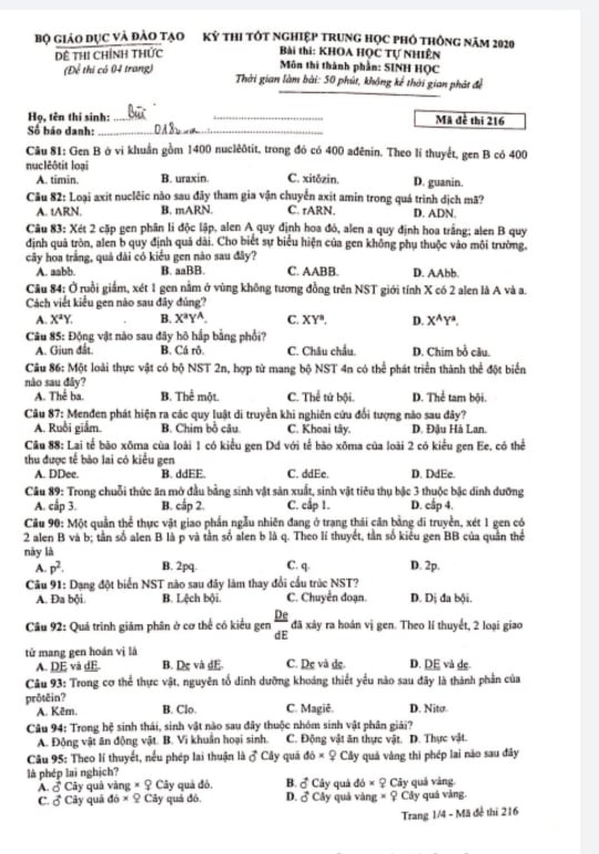 Gợi ý đáp án môn Sinh học kỳ thi Tốt nghiệp Trung học phổ thông 2020 ảnh 2