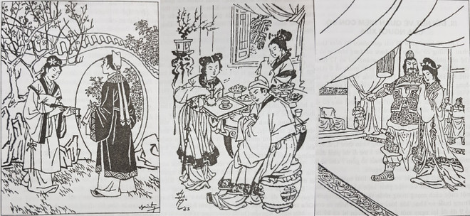 Từ trái sang: Thúy Kiều và Kim Trọng, Thúy Kiều và Thúc Sinh, Thúy Kiều và Từ Hải (Ảnh: Tranh Tạ Thúc Bình, ‘Kim Vân Kiều translation by Lê Xuân Thủy,’ và 'Truyện Kiều,’ NXB Phổ thông) 200 năm ngày mất Nguyễn Du: Những con số 'biết nói' trong Truyện Kiều ảnh 3