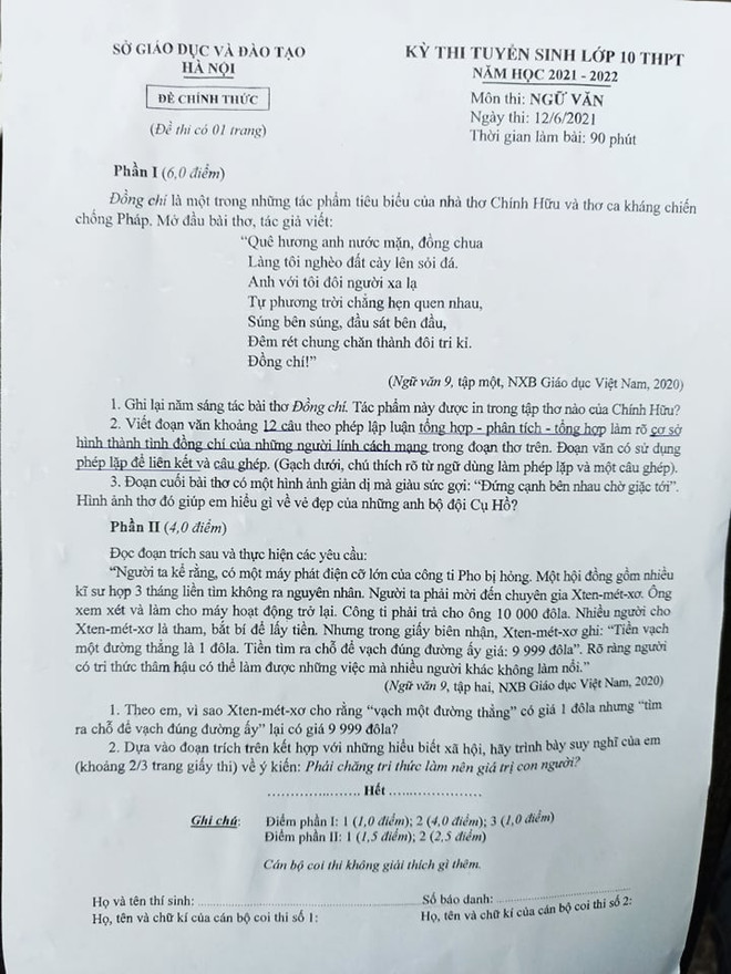 Hà Nội: Đề thi chính thức vào lớp 10 môn Ngữ văn và Ngoại ngữ ảnh 1