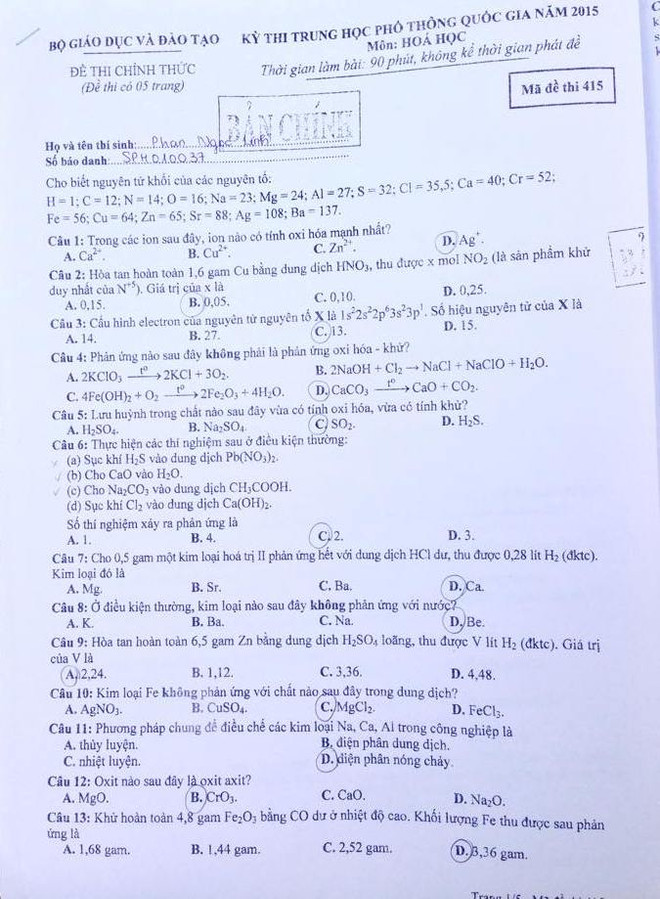 Đề chính thức môn Hóa học kỳ thi trung học phổ thông quốc gia ảnh 1
