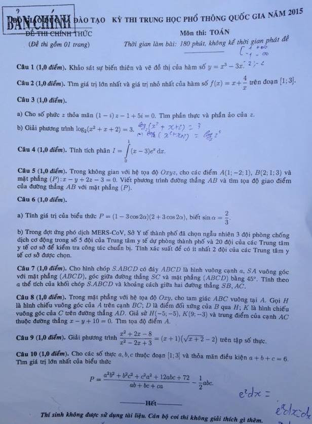 Đề thi chính thức môn Toán kỳ thi trung học phổ thông quốc gia ảnh 1