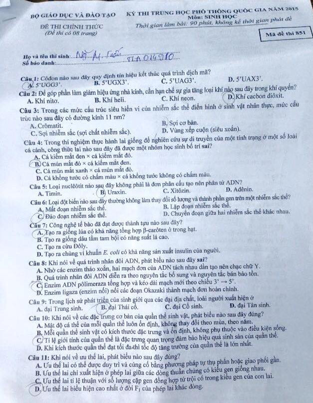 Đề thi PTTH môn Sinh học dài 8 trang, nhưng không quá khó ảnh 1