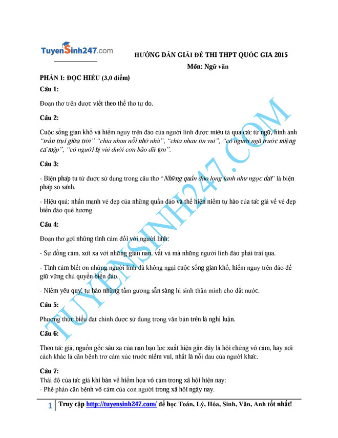 Đáp án đề thi môn Ngữ văn kỳ thi trung học phổ thông ảnh 1