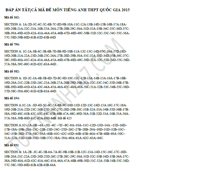 Đáp án tham khảo theo tất cả các mã đề của môn thi Ngoại ngữ ảnh 2
