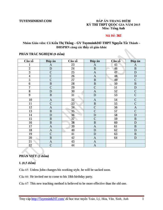 Đáp án tham khảo đề thi Ngoại ngữ kỳ thi trung học phổ thông ảnh 1