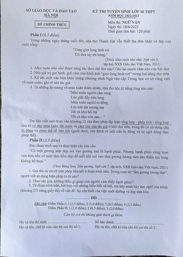 Hà Nội: Gợi ý đáp án bài thi môn Ngữ văn kỳ thi tuyển sinh vào lớp 10 ảnh 1
