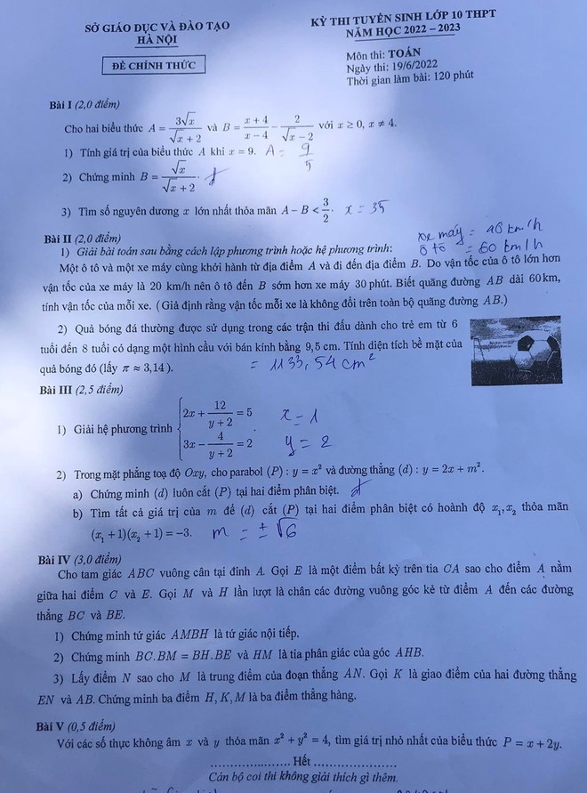 Hà Nội: Đề thi chính thức môn Toán kỳ thi tuyển sinh vào lớp 10 ảnh 1