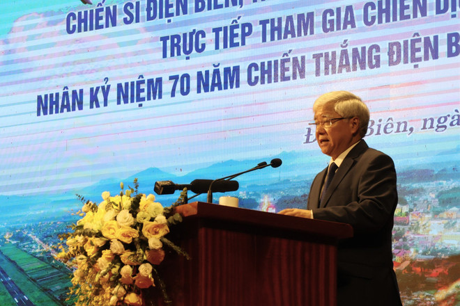 Chủ tịch Ủy ban Trung ương Mặt trận Tổ quốc Việt Nam Đỗ Văn Chiến cũng đã điểm lại diễn biến của Chiến dịch Điện Biên Phủ. (Ảnh: Minh Anh/Vietnam+) dovanchien1.jpg