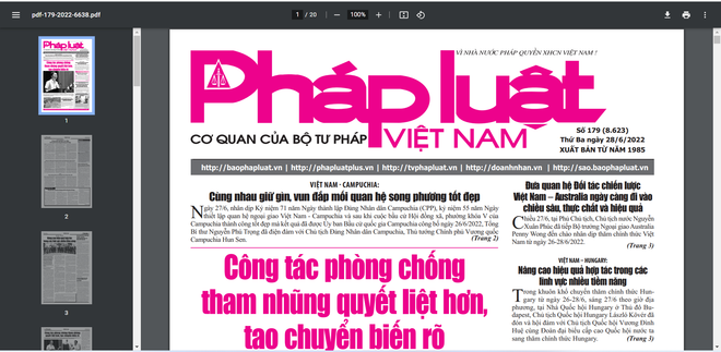 Bản PDF của Báo Pháp luật Việt Nam, cơ quan ngôn luận của Bộ Tư pháp. (Ảnh chụp màn hình) Thanh tra Báo Pháp luật Việt Nam: 13 bài viết có nội dung sai sự thật ảnh 1