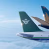 Thương hiệu nhận diện máy bay của hai Hãng hàng không Vietnam Airlines và Saudia. (Ảnh: PV/Vietnam+)