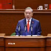 Tổng Bí thư Tô Lâm trình bày Báo cáo của Ban Chấp hành Trung ương Đảng khóa XIII về các văn kiện trình Đại hội XIV của Đảng. (Ảnh: TTXVN)