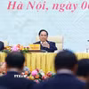 Thủ tướng Phạm Minh Chính chủ trì Phiên họp tổng kết hoạt động của Ủy ban Quốc gia về chuyển đổi số và Đề án 06. (Ảnh: Dương Giang/TTXVN)
