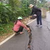 Nhiều vết nứt lớn gây nguy hiểm cho người đi đường và đe dọa an toàn tính mạng người dân. (Ảnh: Hương Thu/TTXVN)