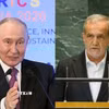 Tổng thống Nga Vladimir Putin (trái) và người đồng cấp Iran Masoud Pezeshkian. (Nguồn: THX-IRNA/TTXVN)