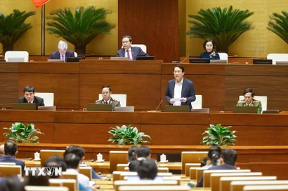 Bộ trưởng Bộ Công an Lương Tam Quang giải trình, làm rõ một số vấn đề đại biểu Quốc hội nêu. (Ảnh: Doãn Tấn/TTXVN)