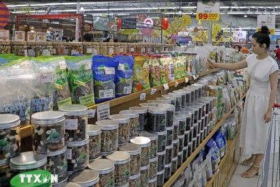 Khách hàng chọn mua hàng trong hệ thống siêu thị bán lẻ. (Ảnh: Trần Việt/TTXVN)