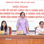 Đồng chí Vũ Việt Trang, Ủy viên Ban Thường vụ Đảng ủy các cơ quan Đảng Trung ương, Bí thư Đảng ủy, Tổng Giám đốc TTXVN, Phó Trưởng Ban Tuyên giáo và Dân vận Trung ương điều hành hội nghị. (Ảnh: Minh Đức/TTXVN)
