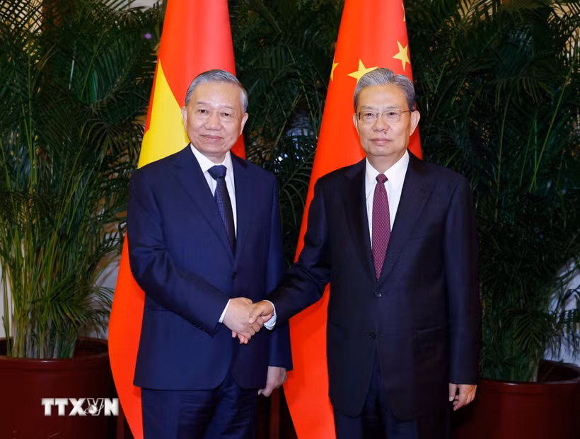 Tổng Bí thư, Chủ tịch nước Tô Lâm hội kiến Ủy viên trưởng Nhân đại toàn quốc Trung Quốc Triệu Lạc Tế. (Ảnh: Thống Nhất/TTXVN)