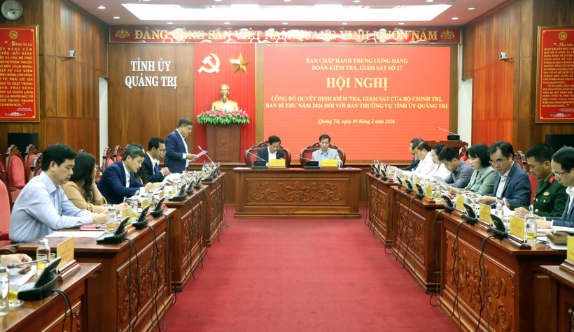 Ngày 4/3/2026, tại trụ sở Tỉnh ủy Quảng Trị, Đoàn kiểm tra, giám sát số 27 của Ban Chấp hành Trung ương Đảng tổ chức Hội nghị triển khai Quyết định kiểm tra, giám sát của Bộ Chính trị, Ban Bí thư năm 2026 đối với Ban Thường vụ Tỉnh ủy Quảng Trị. (Ảnh: Nguyên Linh/TTXVN)