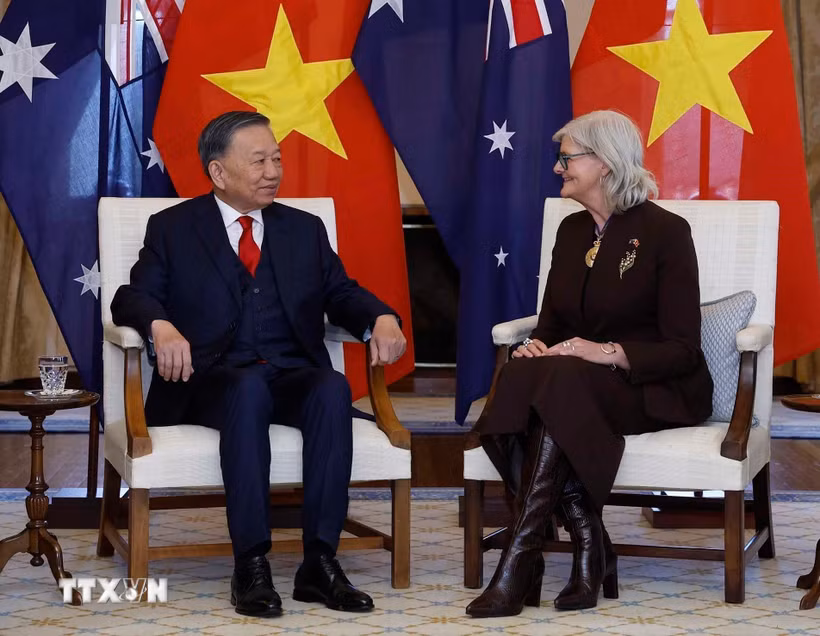 Tổng Bí thư, Chủ tịch nước Tô Lâm hội kiến Toàn quyền Australia Sam Mostyn. (Ảnh: Thống Nhất/TTXVN)