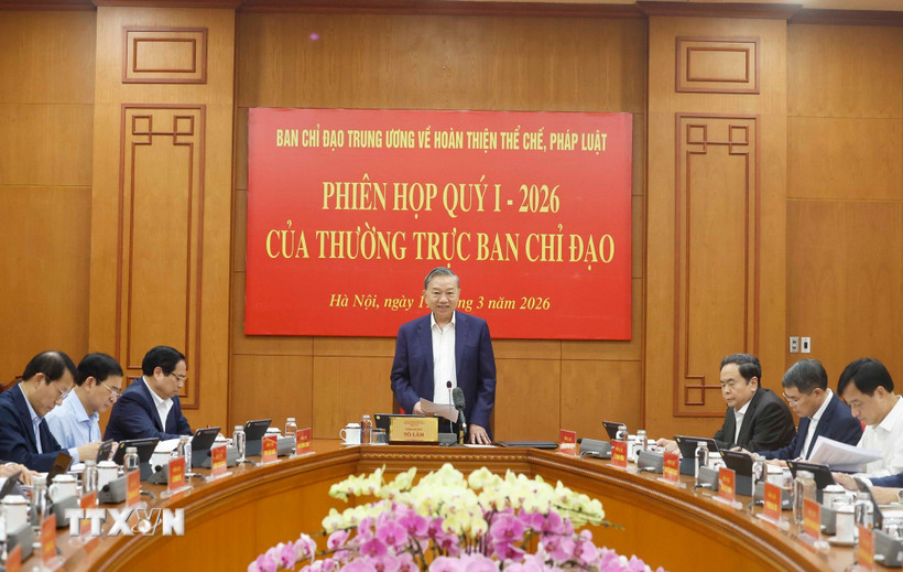 Tổng Bí thư Tô Lâm phát biểu tại phiên họp quý 1/2026 của Ban Chỉ đạo Trung ương về hoàn thiện thể chế, pháp luật. (Ảnh: Thống Nhất/TTXVN)
