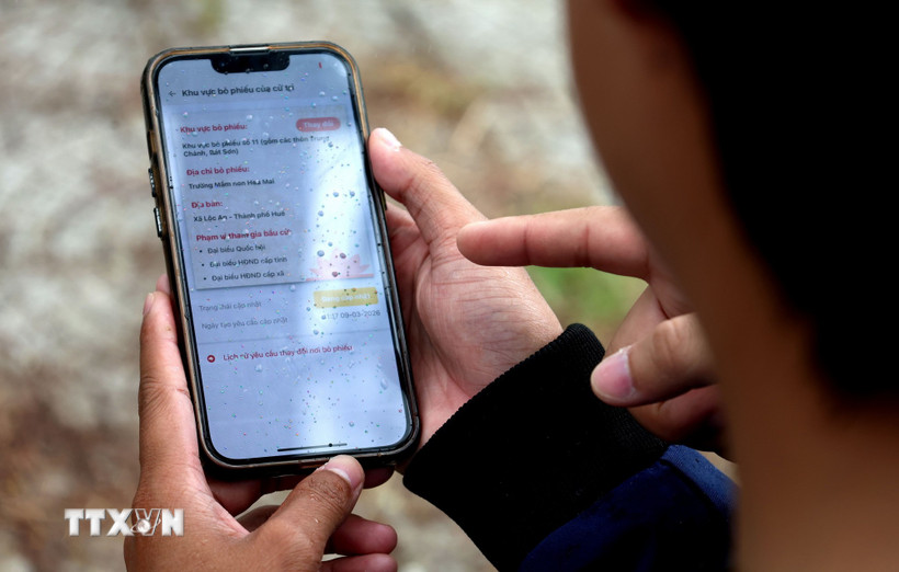 Sinh viên tra cứu thông tin liên quan đến cuộc bầu cử như: địa điểm bỏ phiếu, danh sách ứng cử viên, tiểu sử và chương trình hành động của các ứng cử viên trên ứng dụng VNeID. (Ảnh: Khoa Chương/TTXVN)