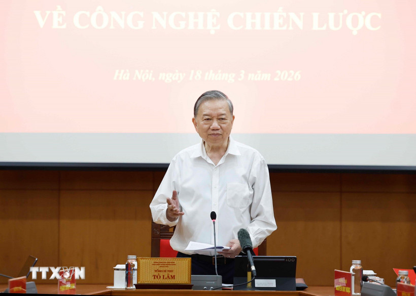 Tổng Bí thư Tô Lâm, Trưởng Ban Chỉ đạo Trung ương về phát triển khoa học, công nghệ, đổi mới sáng tạo và chuyển đổi số phát biểu. (Ảnh: Thống Nhất/TTXVN)