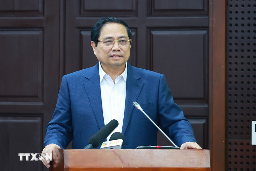 Thủ tướng Phạm Minh Chính làm việc với Ban Thường vụ Thành ủy Đà Nẵng về tình hình phát triển kinh tế-xã hội. (Ảnh: Dương Giang/TTXVN)