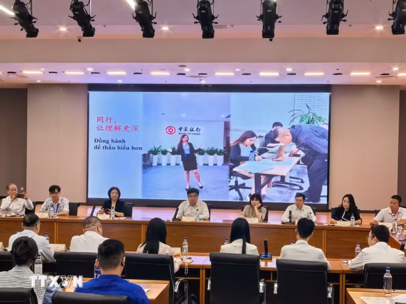 12 đại diện thanh niên đến từ Trung Quốc và Việt Nam chia sẻ kinh nghiệm học tập và kinh nghiệm làm việc thực tiễn tại hội thảo. (Ảnh: TTXVN phát)