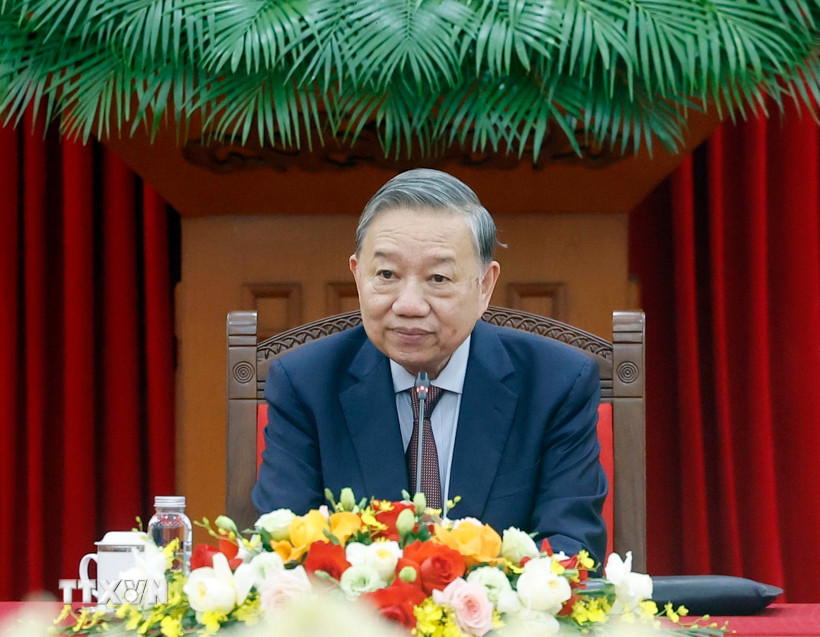 Tổng Bí thư Tô Lâm phát biểu tại buổi tiếp Bộ trưởng các Bộ Ngoại giao, Quốc phòng và Công an Trung Quốc. (Ảnh: Thống Nhất/TTXVN)