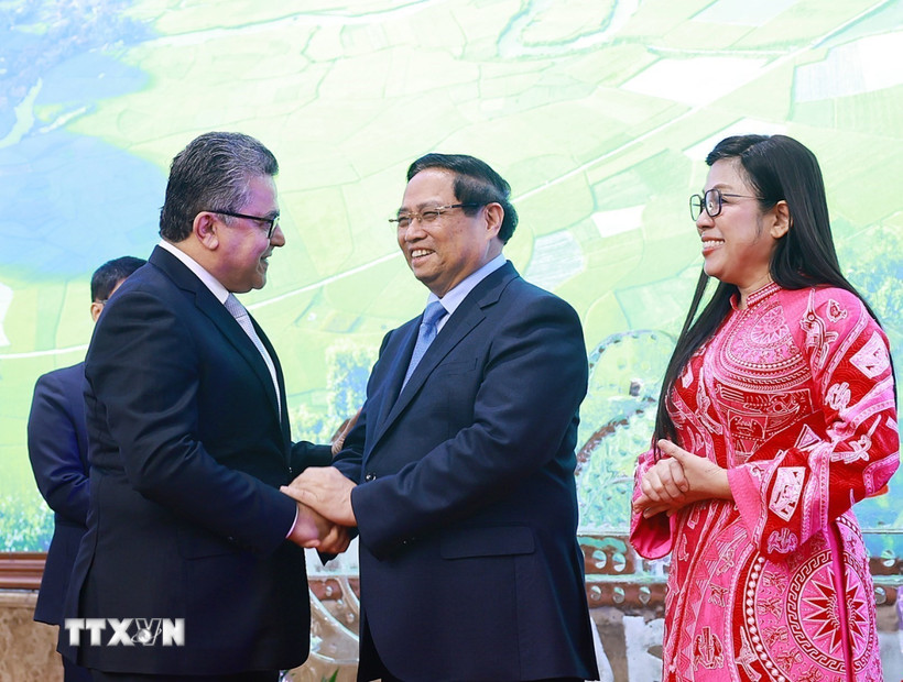 Thủ tướng Phạm Minh Chính và Phu nhân chào mừng các Đại sứ, Đại biện, Trưởng đại diện các tổ chức quốc tế tại Hà Nội cùng Phu nhân, Phu quân. (Ảnh: Dương Giang/TTXVN)