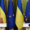 Tổng thống Ukraine Volodymyr Zelensky (phải) và Chủ tịch Ủy ban châu Âu (EC) Ursula von der Leyen tại cuộc họp báo ở Kiev, Ukraine, ngày 2/2/2023. (Ảnh: AFP/TTXVN)