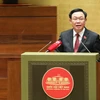 Chủ tịch Quốc hội Vương Đình Huệ phát biểu tại buổi gặp mặt. (Ảnh: Minh Đức/TTXVN)