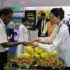 Giới thiệu hoa quả xuất khẩu của Việt Nam với khách tham quan Ấn Độ. (Ảnh: Ngọc Thúy /TTXVN)